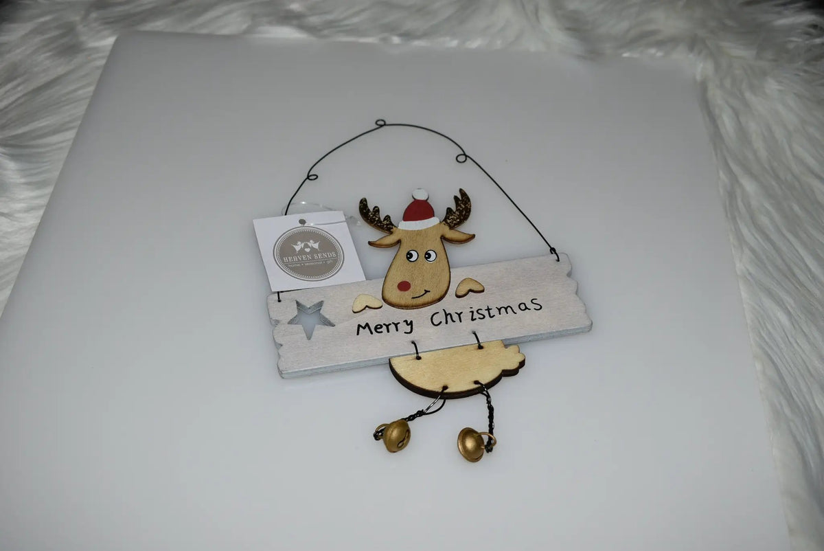 Wooden- Adorable Hanging Merry Christmas Sign With A Cute Reindeer and Gold Jingle Bells. by productions