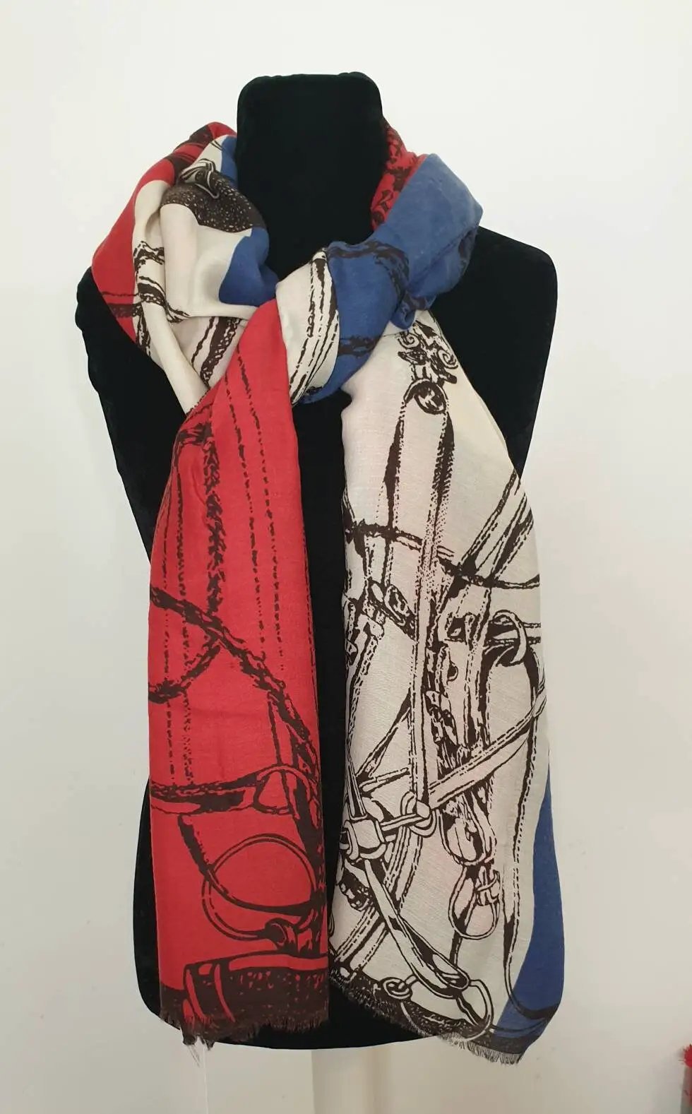 Red And Blue Frayed Chain Print Scarf by productions