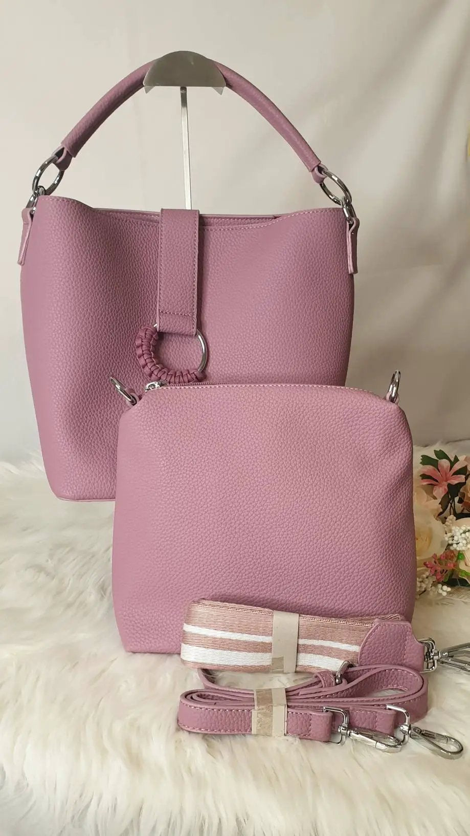 Leather Look Shoulder Bags 2-IN-1 Tote Bag Purple With 3 Straps by Clarissas Boutique London