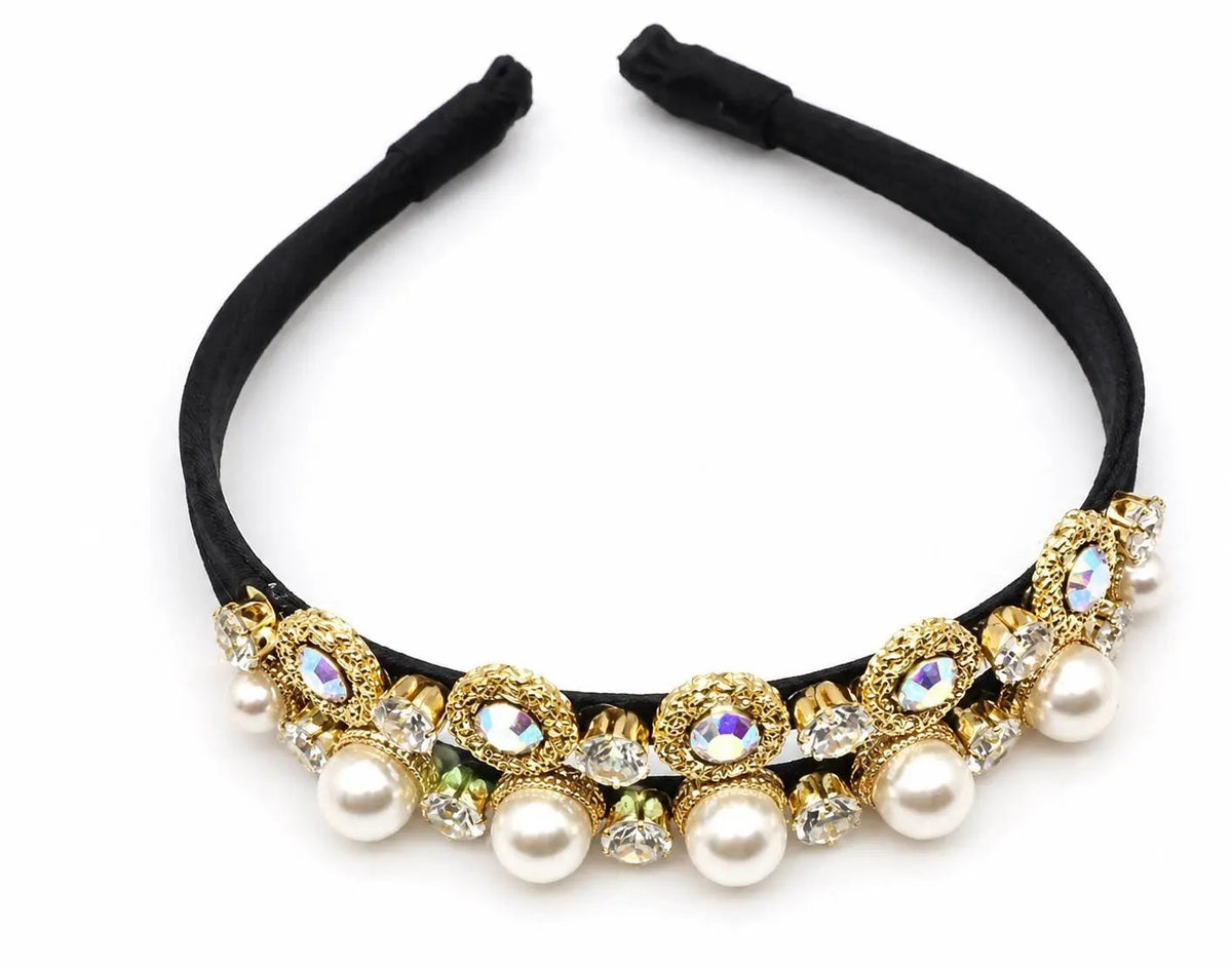 Gold Tone Double‑Band Baroque Pearl & Diamanté Jewelled Headband by Clarissas Boutique London