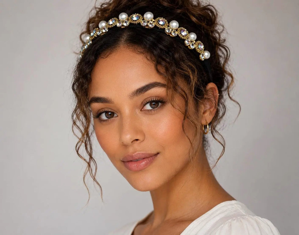 Gold Tone Double‑Band Baroque Pearl & Diamanté Jewelled Headband by Clarissas Boutique London
