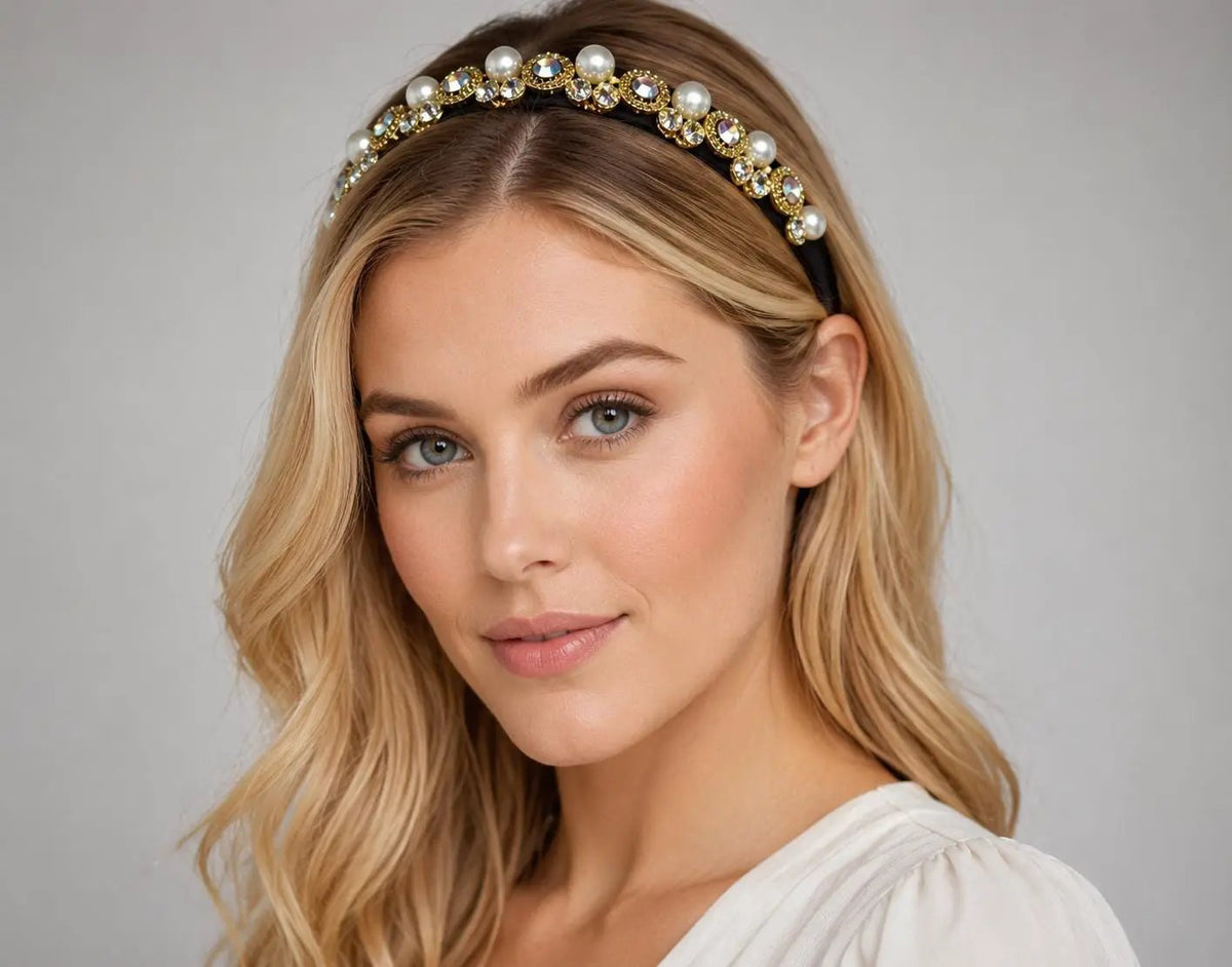 Gold Tone Double‑Band Baroque Pearl & Diamanté Jewelled Headband by Clarissas Boutique London