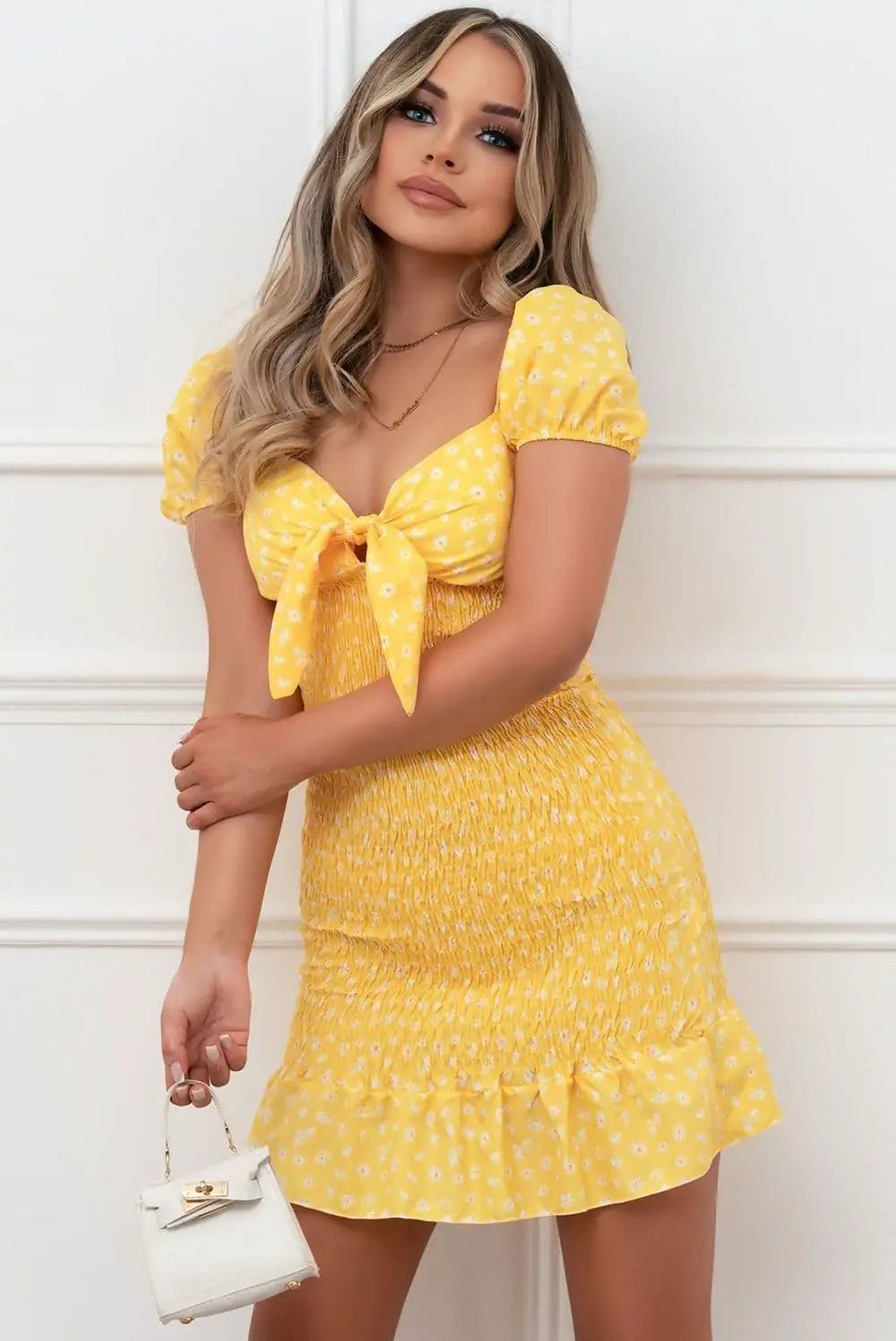 Kiss Yellow Ditsy Floral Knot Front Shirred Dress by Clarissas Boutique London