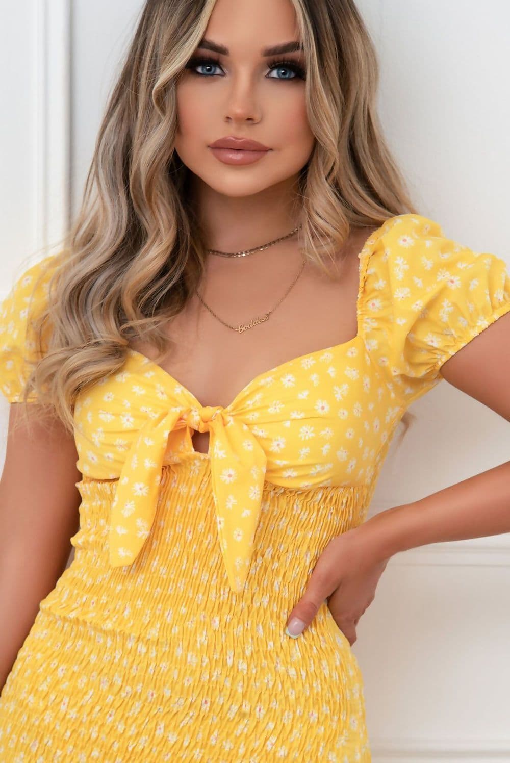 Kiss Yellow Ditsy Floral Knot Front Shirred Dress by Clarissas Boutique London