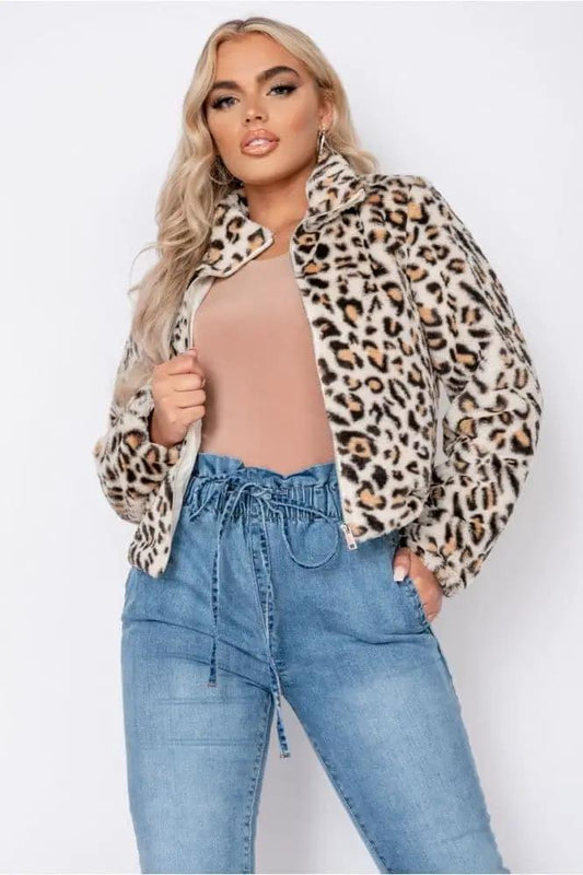 Leopard Faux Fur Cropped Bomber Jacket by Clarissas Boutique London