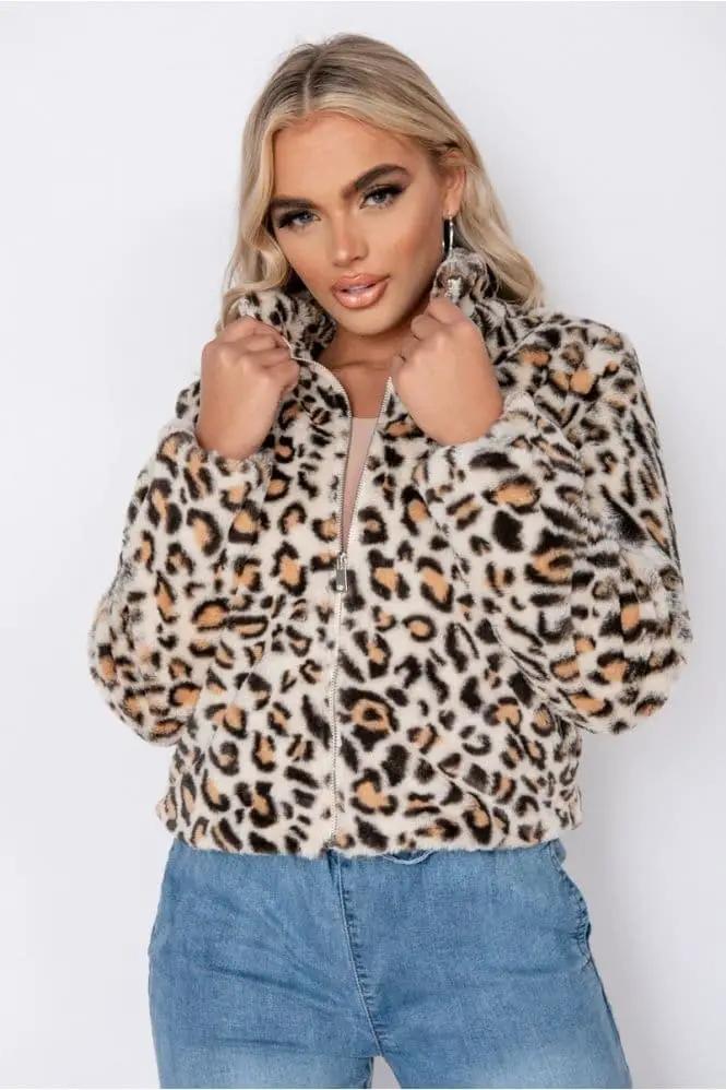 Leopard Faux Fur Cropped Bomber Jacket by Clarissas Boutique London