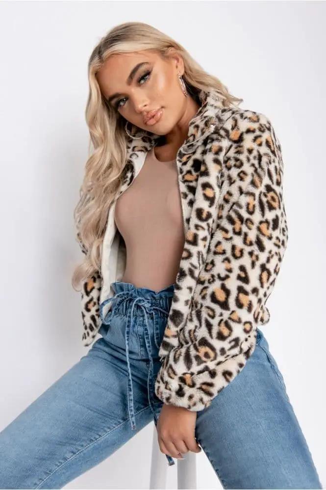 Leopard Faux Fur Cropped Bomber Jacket by Clarissas Boutique London