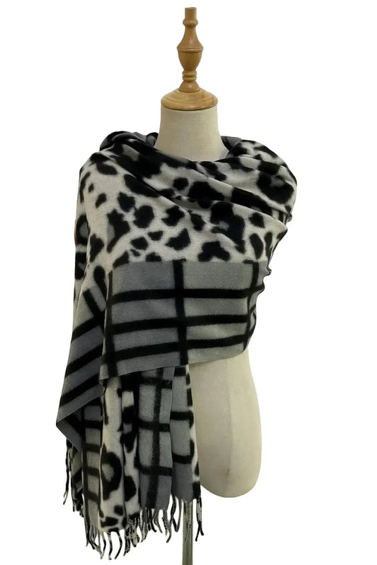 Leopard Print & Check Tassel Scarf - Grey by Clarissas Boutique