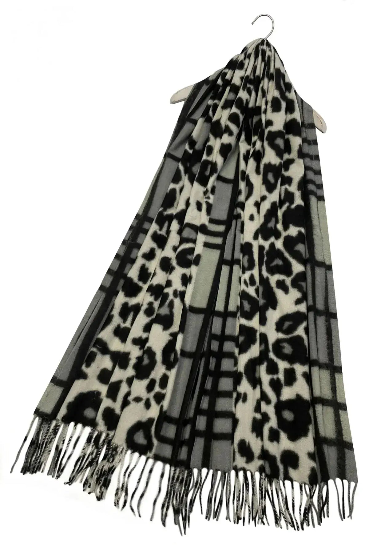 Leopard Print & Check Tassel Scarf - Grey by Clarissas Boutique
