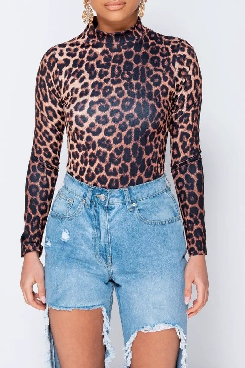 Leopard Print High Neck Long Sleeve Bodysuit by Clarissas Boutique London