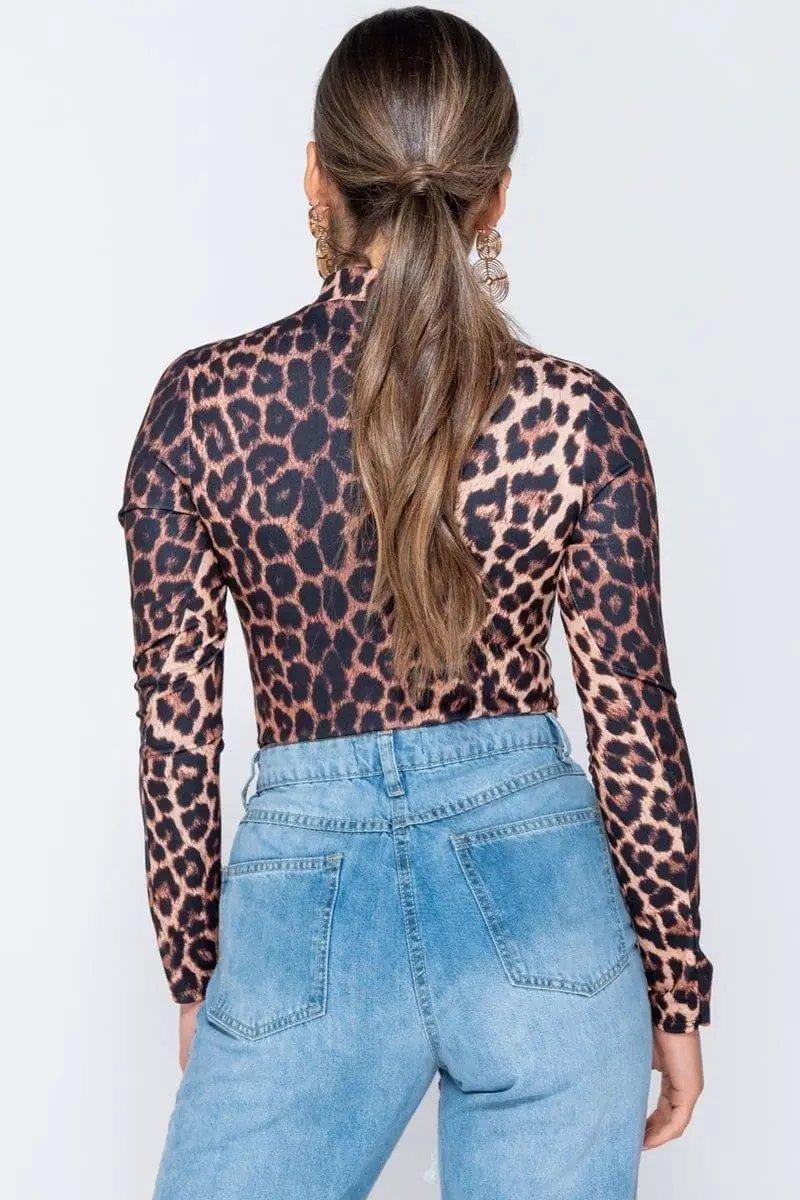 Leopard Print High Neck Long Sleeve Bodysuit by Clarissas Boutique London