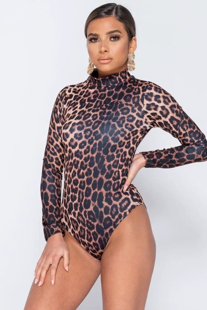 Leopard Print High Neck Long Sleeve Bodysuit by Clarissas Boutique London