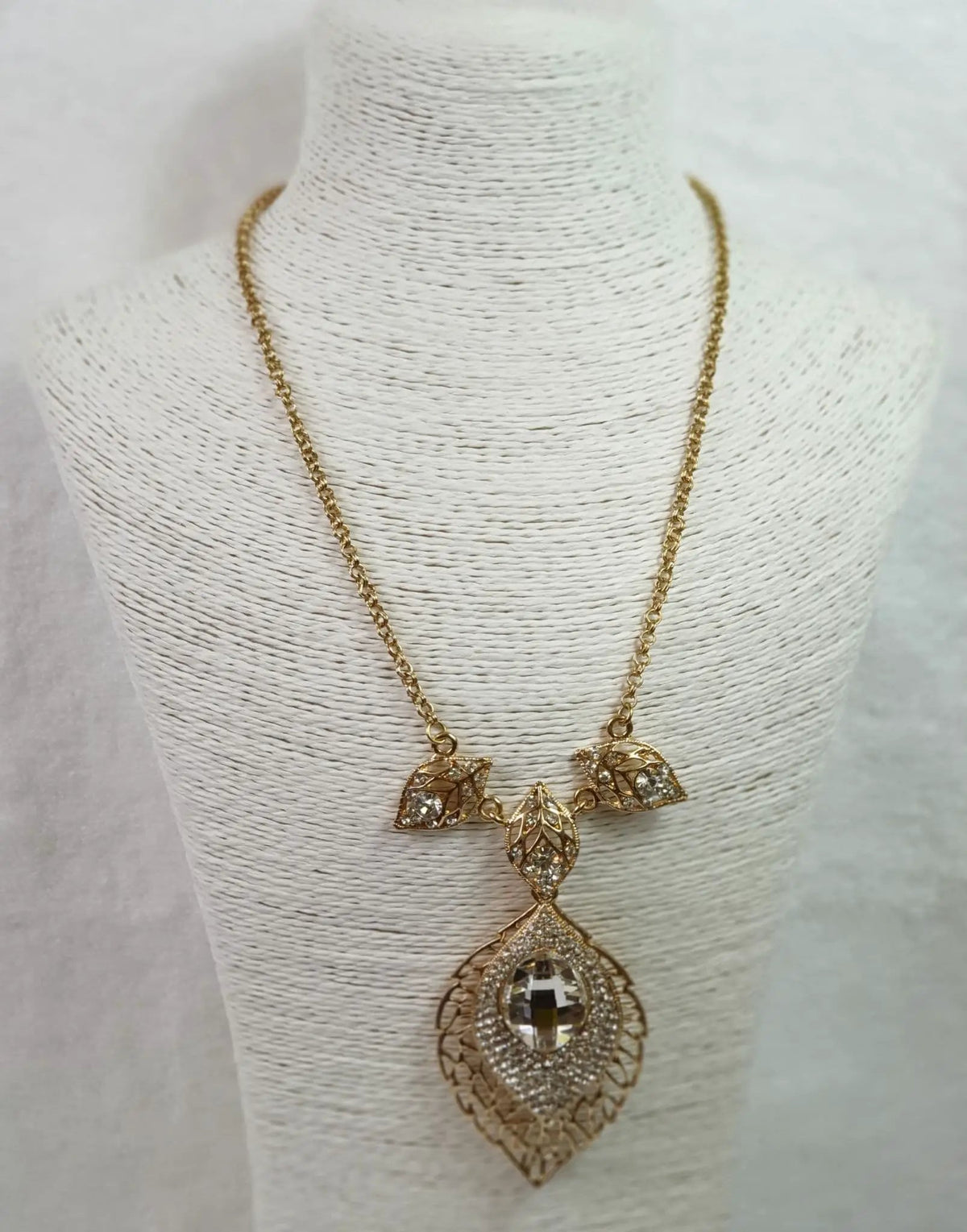 Long Gold Plated Crystal Leaf Necklace by Clarissas Boutique