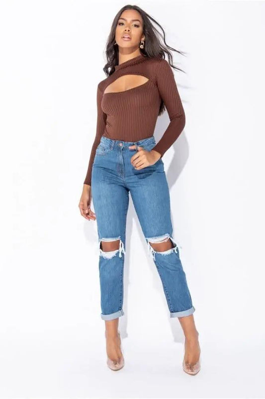 Mid Blue Distressed Turn Up Hem Boyfriend Jean by Clarissas Boutique London