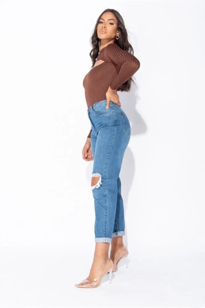 Mid Blue Distressed Turn Up Hem Boyfriend Jean by Clarissas Boutique London