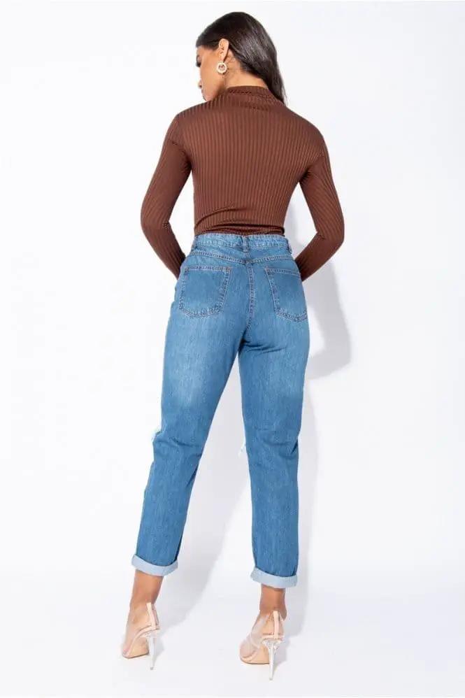 Mid Blue Distressed Turn Up Hem Boyfriend Jean by Clarissas Boutique London