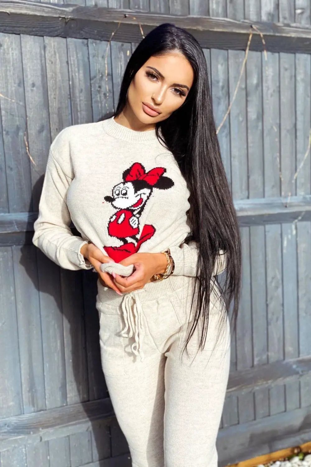 Minnie Mouse Beige Knit Woven Cartoon Lounge Set by Clarissas Boutique London