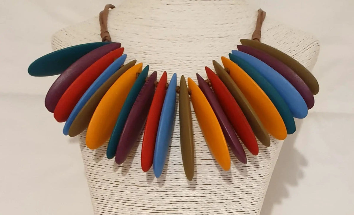 Multicoloured wood Necklace With Leather by Clarissas Boutique