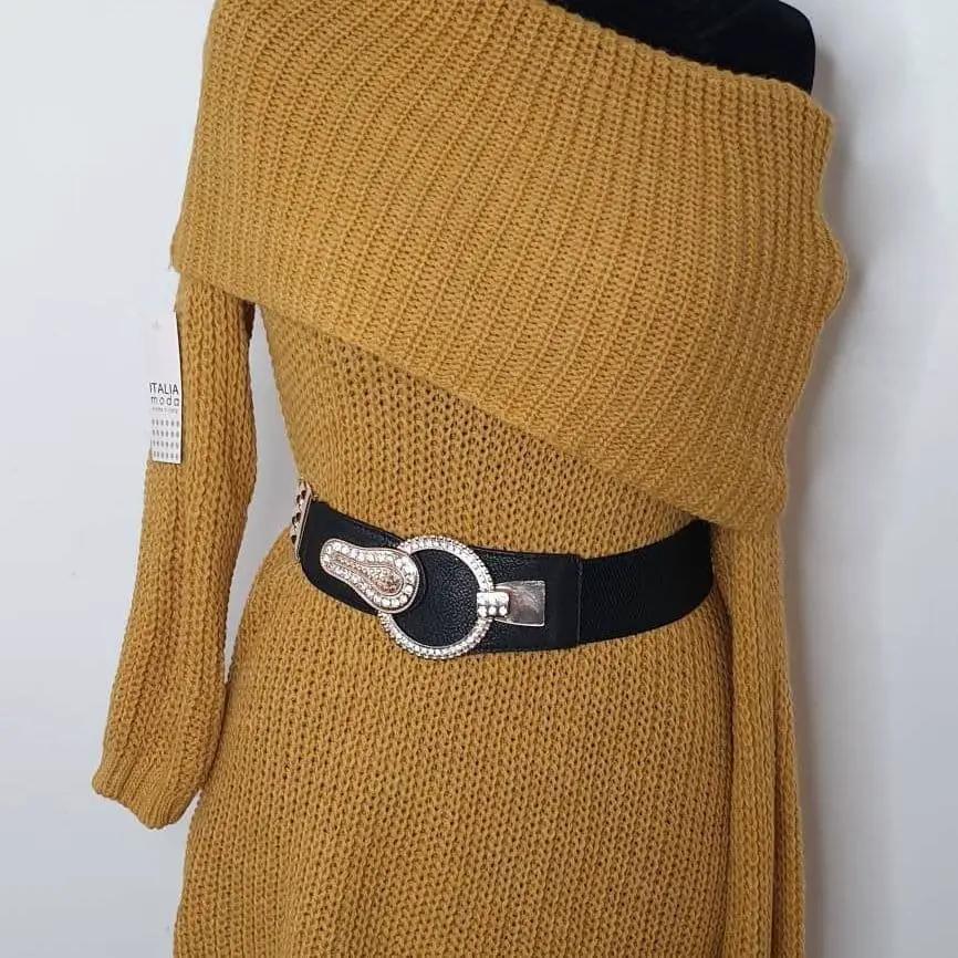 Mustard Off -The Shoulder Knitted Jumper Dress. by Clarissas Boutique
