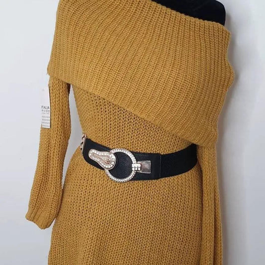 Mustard Off -The Shoulder Knitted Jumper Dress. by Clarissas Boutique