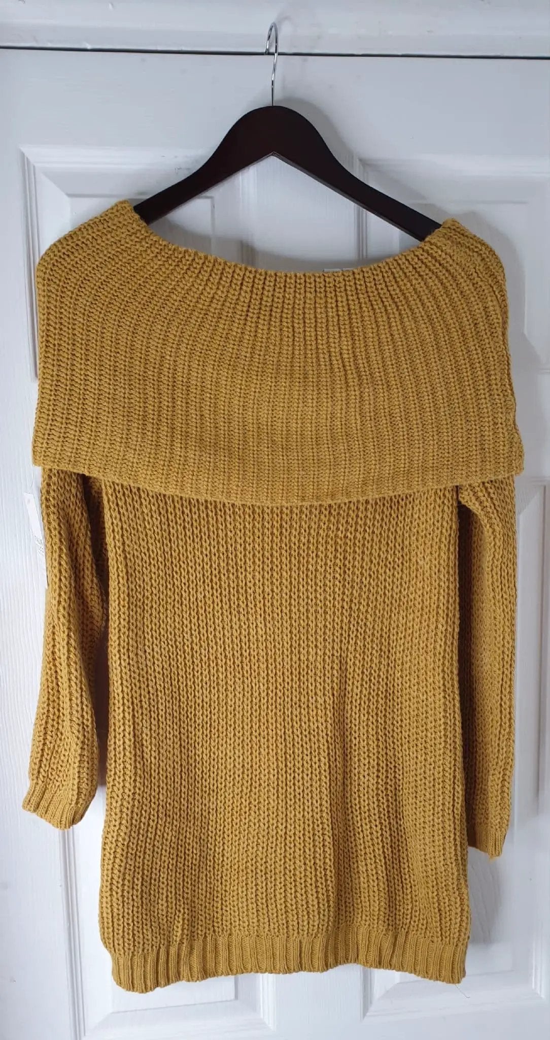 Mustard Off -The Shoulder Knitted Jumper Dress. by Clarissas Boutique