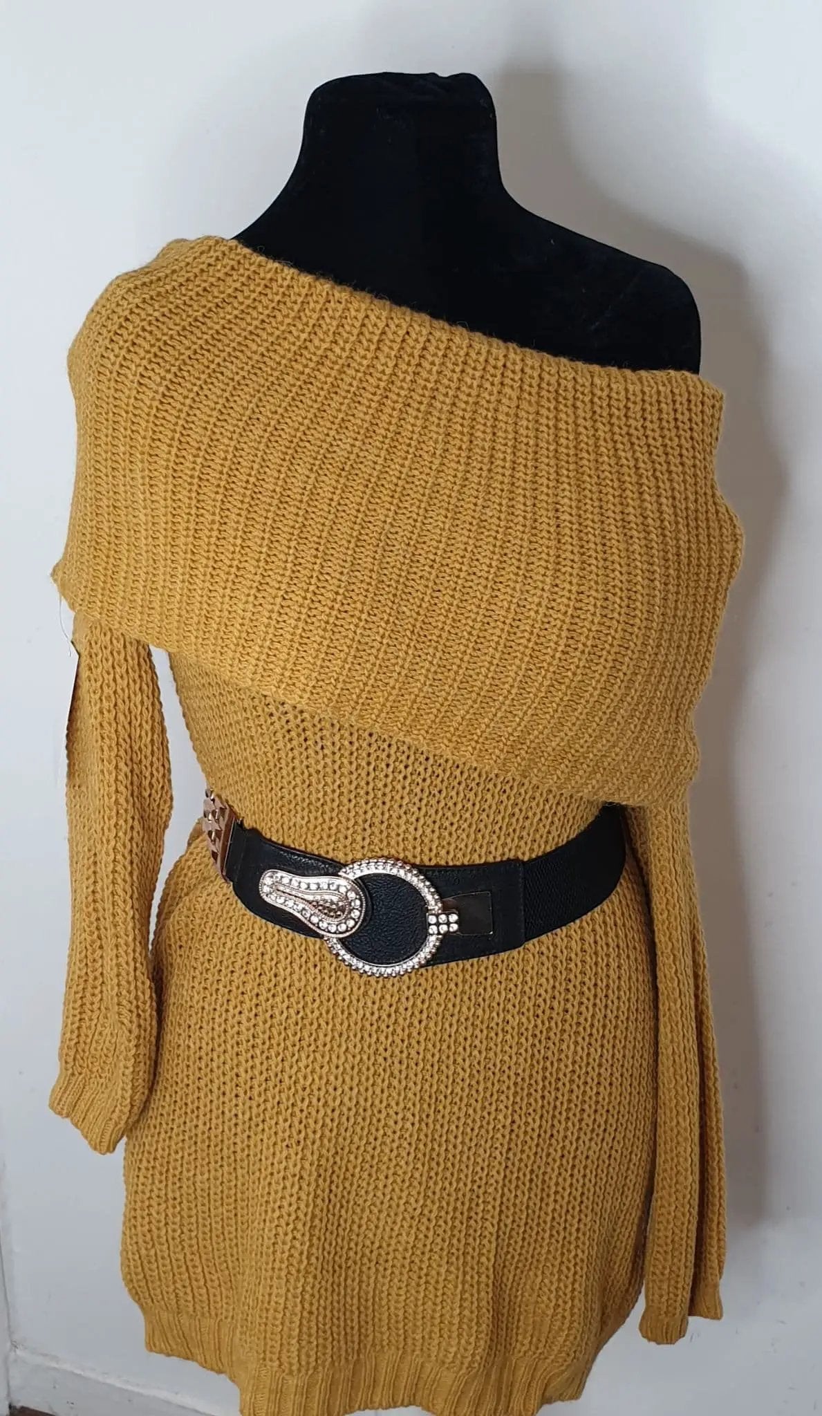 Mustard Off -The Shoulder Knitted Jumper Dress. by Clarissas Boutique