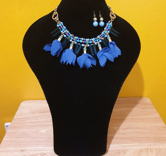 Navy Blue Ruffled Fabric Flower Necklace Set by Clarissas Boutique