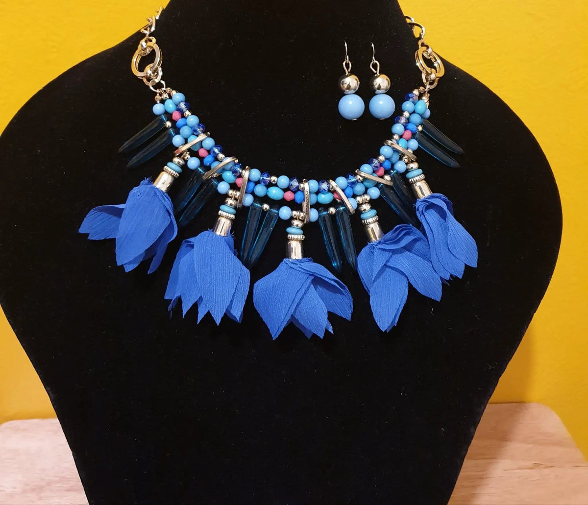 Navy Blue Ruffled Fabric Flower Necklace Set by Clarissas Boutique