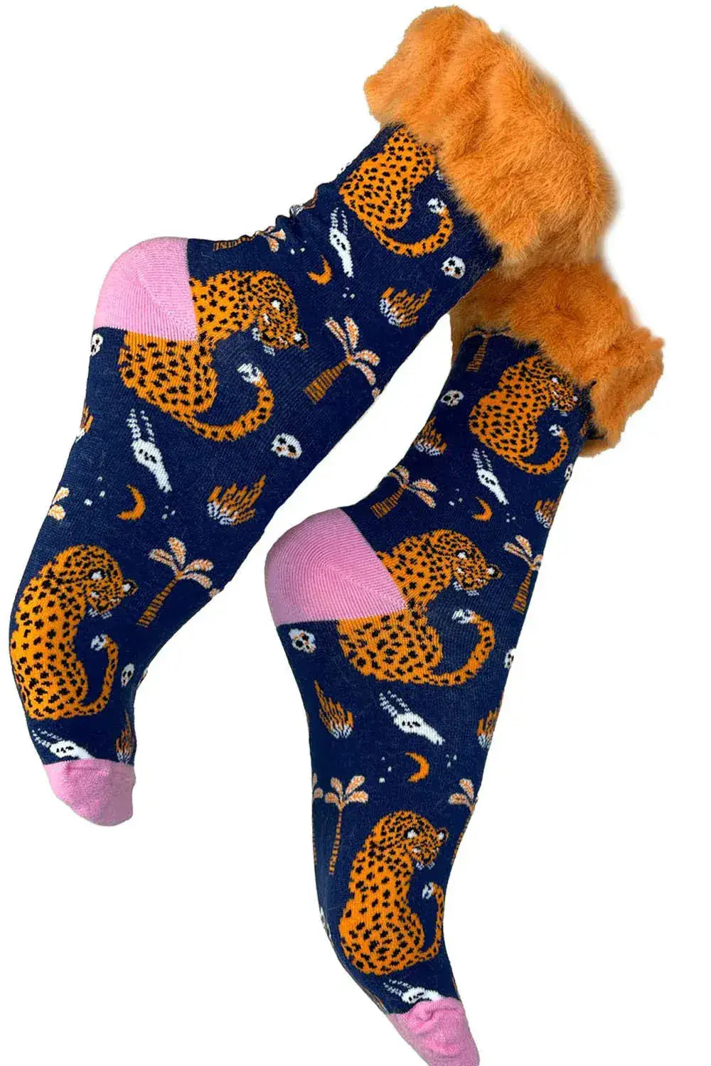Orange - Faux Fur Trim Silk blend Socks by Clarissas Boutique