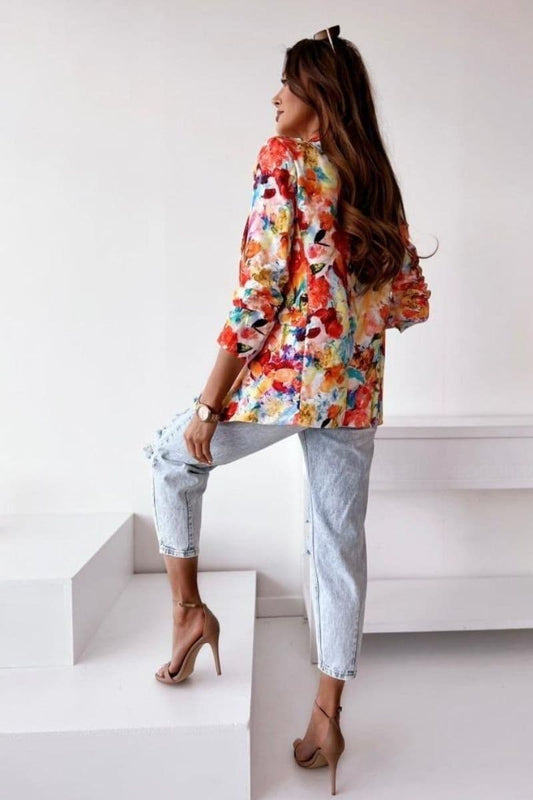 Orange Floral Lapel Detail Ruched Sleeve Blazer by Clarissas Boutique London