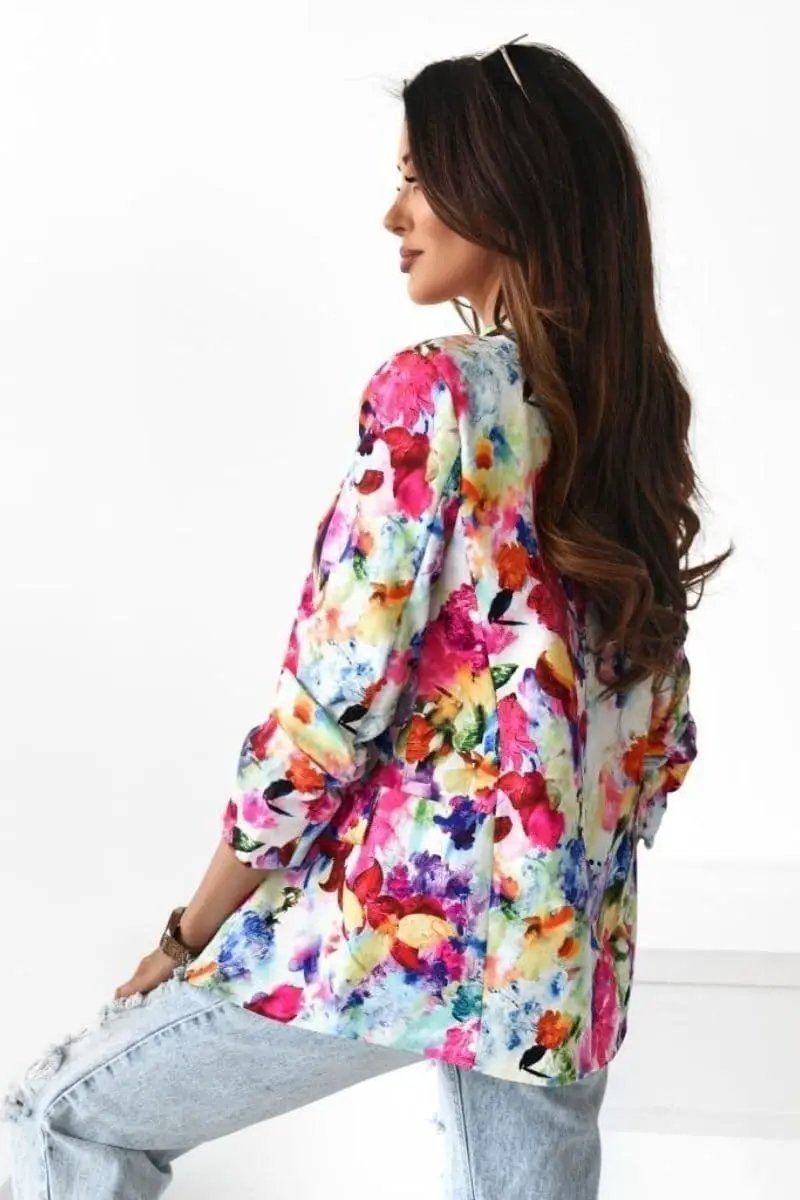 Pink Floral Lapel Detail Ruched Sleeve Blazer by Clarissas Boutique London