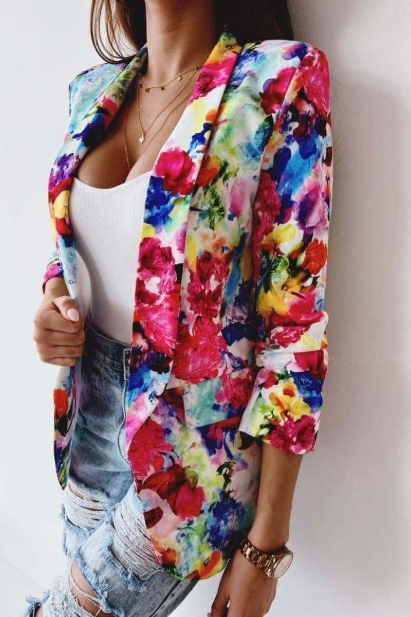 Pink Floral Lapel Detail Ruched Sleeve Blazer by Clarissas Boutique London