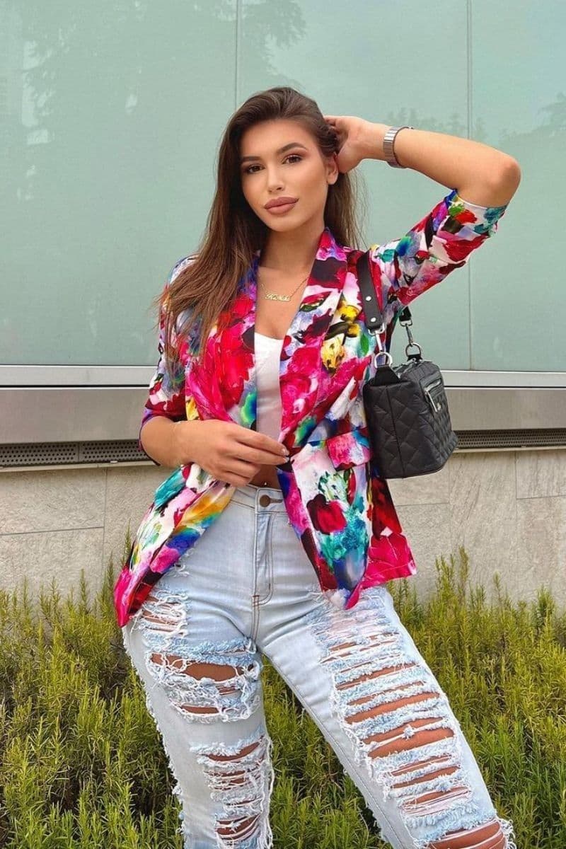 Pink Floral Lapel Detail Ruched Sleeve Blazer by Clarissas Boutique London