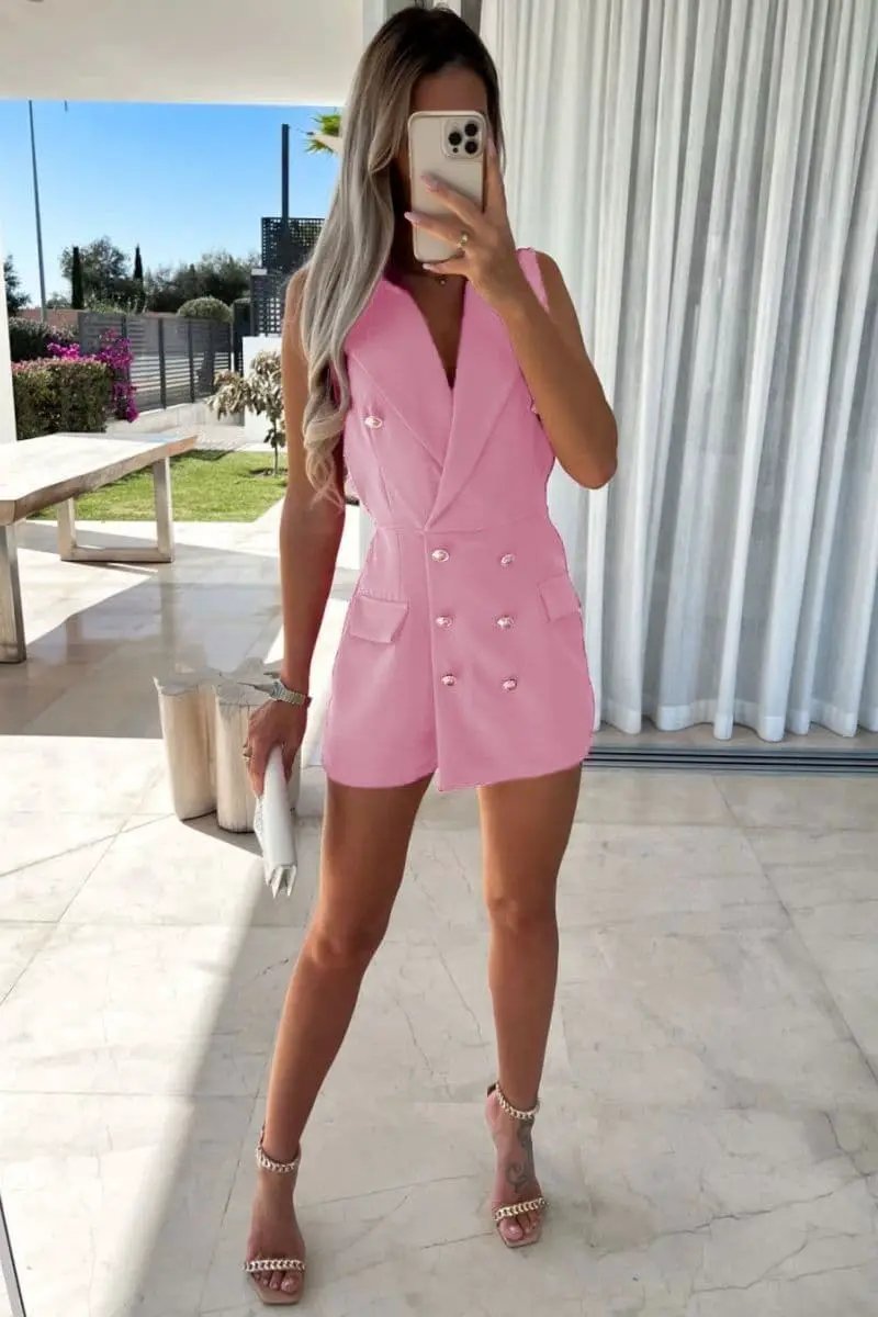 Pink Sleeveless Military Button Blazer Playsuit by Clarissas Boutique London