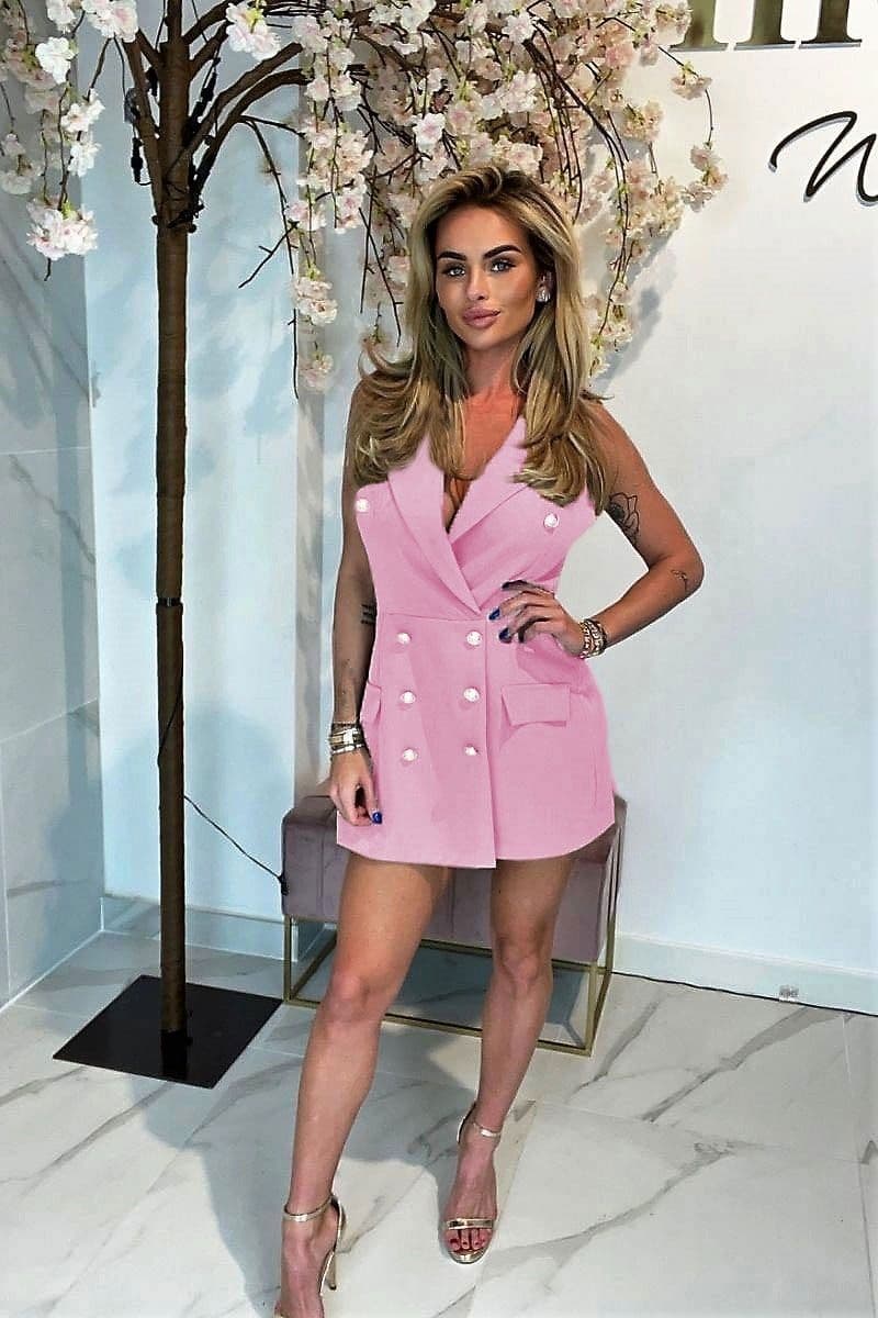 Pink Sleeveless Military Button Blazer Playsuit by Clarissas Boutique London
