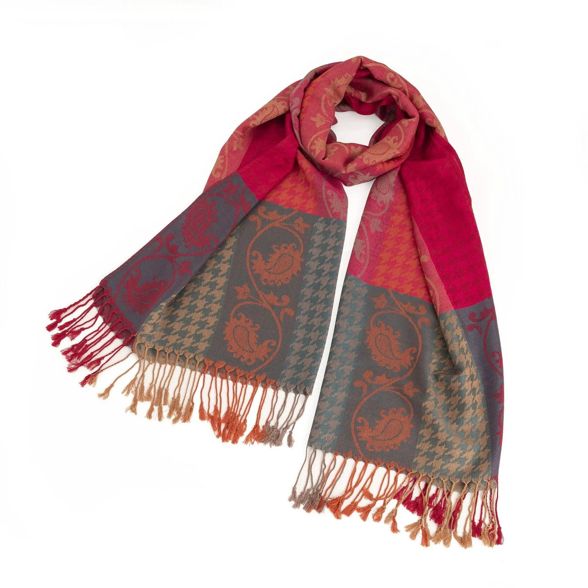 Pink tone pashmina style scarf with tassel. SC33289 by Clarissas Boutique