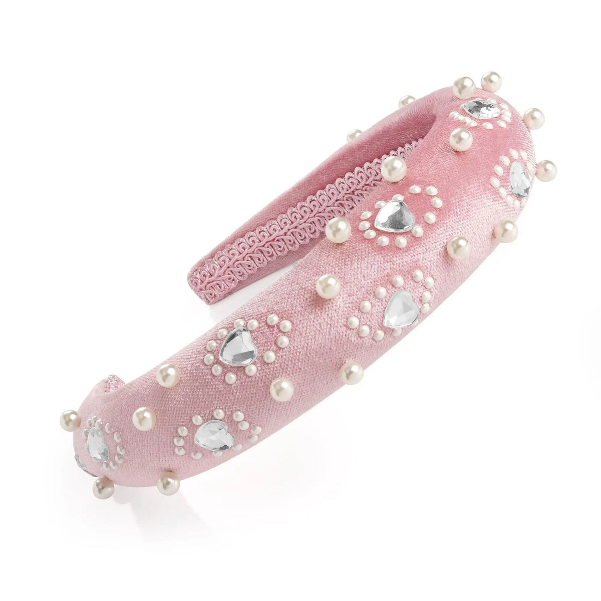 Pink velvet and cream pearl look heart design padded headband. HA33155 by Clarissas Boutique