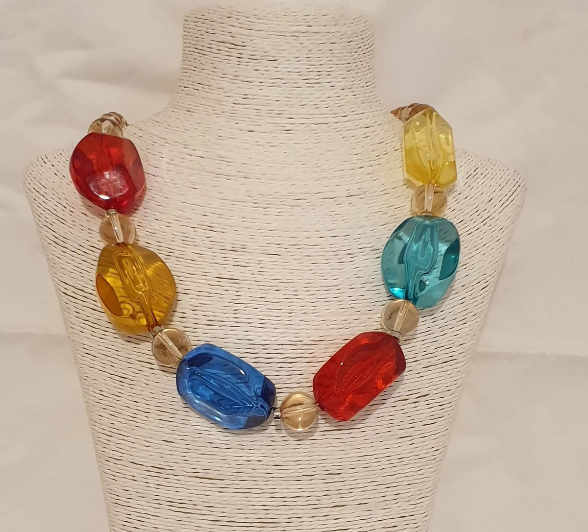 Red, Carmel, Blue, Teal, And Yellow Acrylic Necklace by Clarissas Boutique
