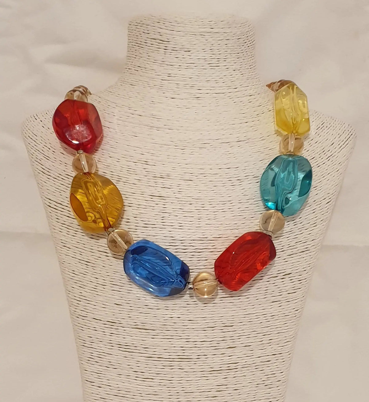 Red, Carmel, Blue, Teal, And Yellow Acrylic Necklace by Clarissas Boutique