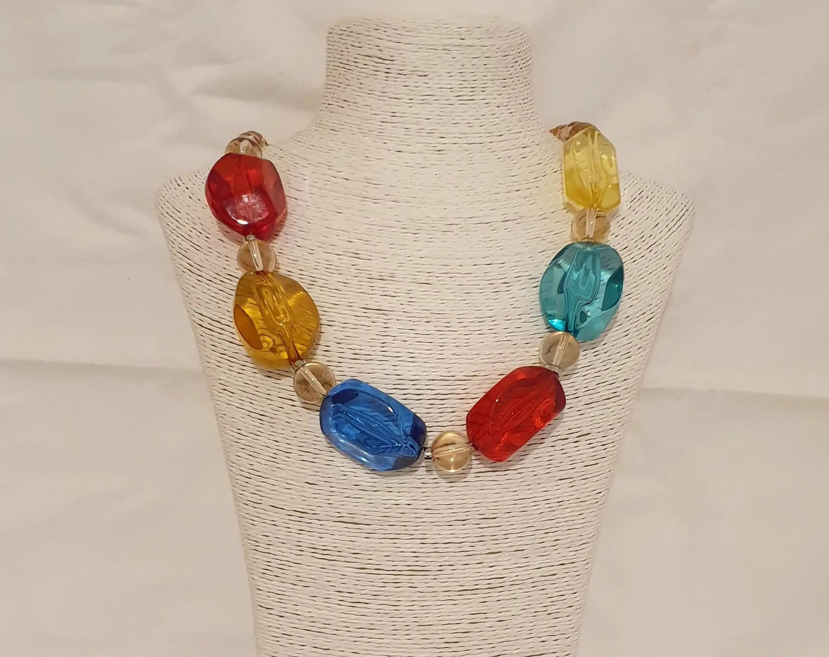 Red, Carmel, Blue, Teal, And Yellow Acrylic Necklace by Clarissas Boutique