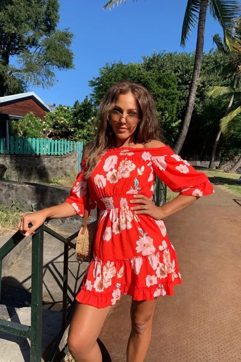 Red Floral Frill Hem Bardot Mini Dress by Clarissas Boutique London