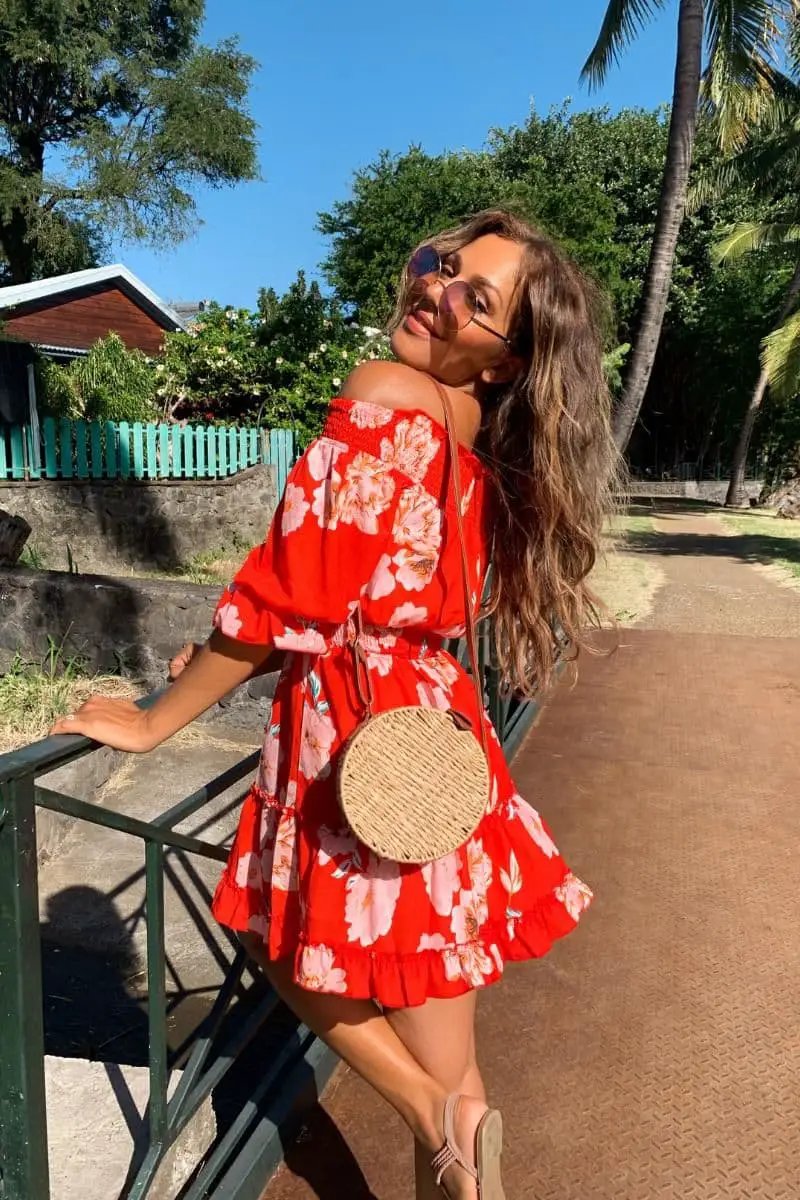 Red Floral Frill Hem Bardot Mini Dress by Clarissas Boutique London