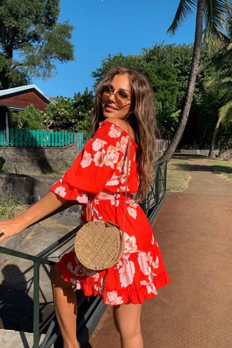 Red Floral Frill Hem Bardot Mini Dress by Clarissas Boutique London