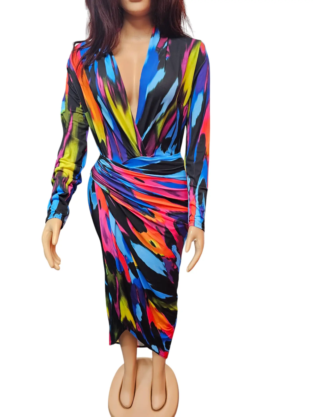 Bold & Beautiful Vibrant Padded Long Sleeve Ruched Wrap Midi Dress by Clarissas Boutique London