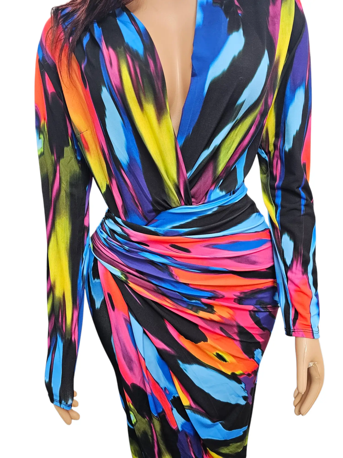Bold & Beautiful Vibrant Padded Long Sleeve Ruched Wrap Midi Dress by Clarissas Boutique London