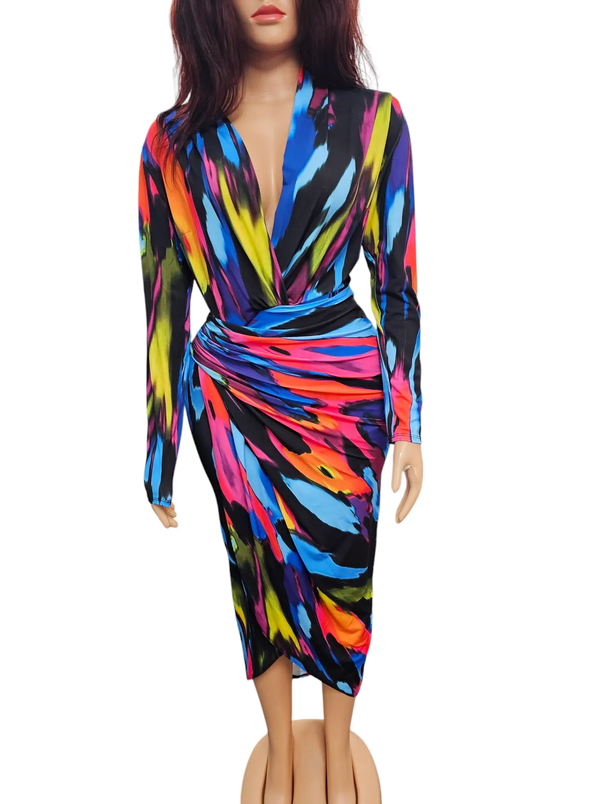 Bold & Beautiful Vibrant Padded Long Sleeve Ruched Wrap Midi Dress by Clarissas Boutique London