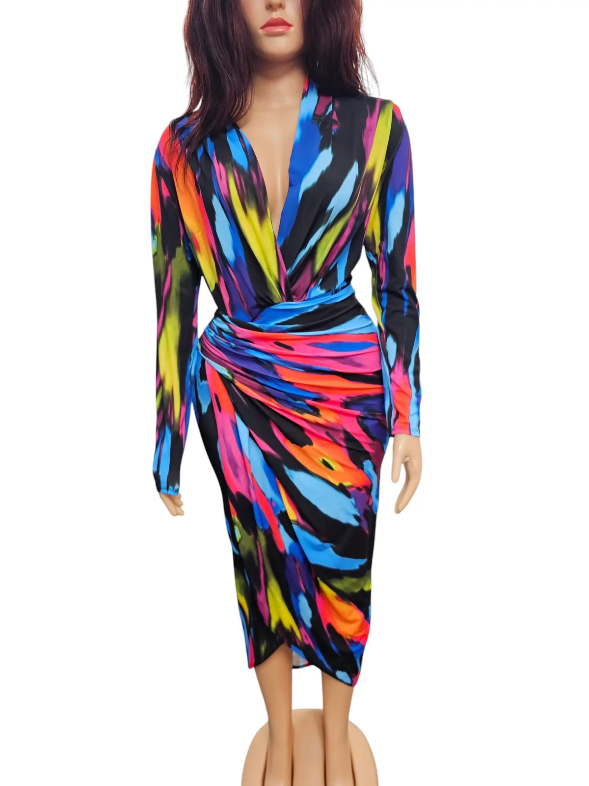 Bold & Beautiful Vibrant Padded Long Sleeve Ruched Wrap Midi Dress by Clarissas Boutique London