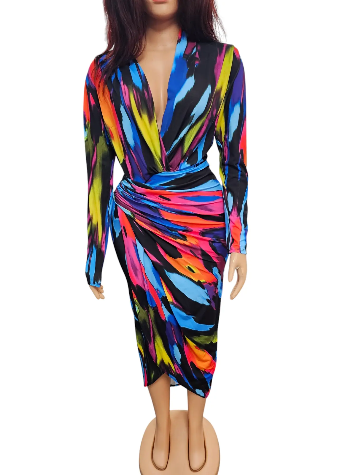 Bold & Beautiful Vibrant Padded Long Sleeve Ruched Wrap Midi Dress by Clarissas Boutique London
