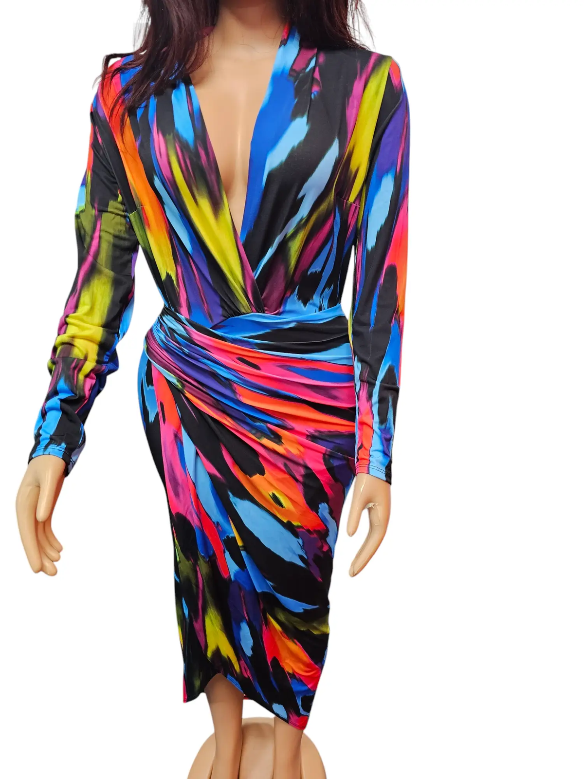 Bold & Beautiful Vibrant Padded Long Sleeve Ruched Wrap Midi Dress by Clarissas Boutique London