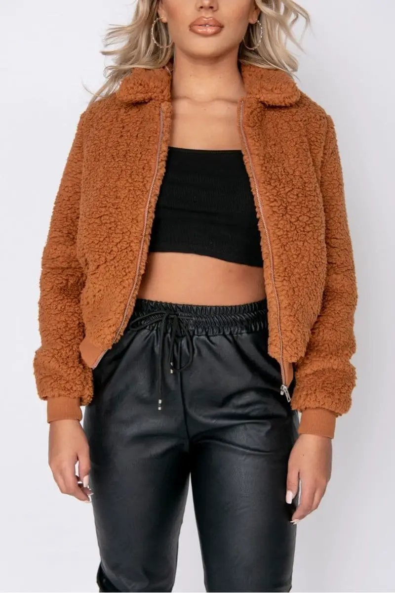 Rust Borg Fur Zip Front Bomber Jacket by Clarissas Boutique London